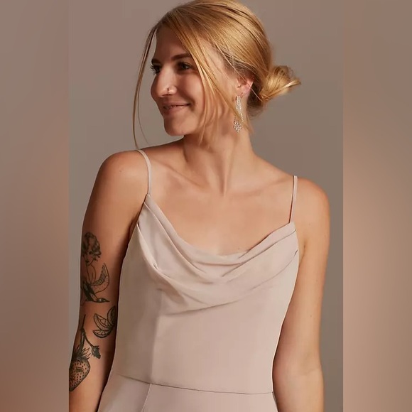 DAVID’S BRIDAL COWL NECK CHIFFON BRIDESMAID DRESS W/ SLIT - Picture 3 of 3